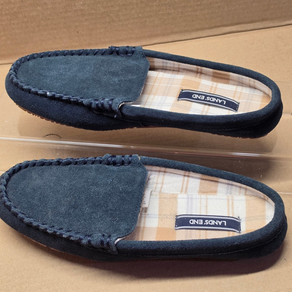 NEW Lands End Moccasin Slippers Womens 8 Navy NWOT Suede Plaid Lined